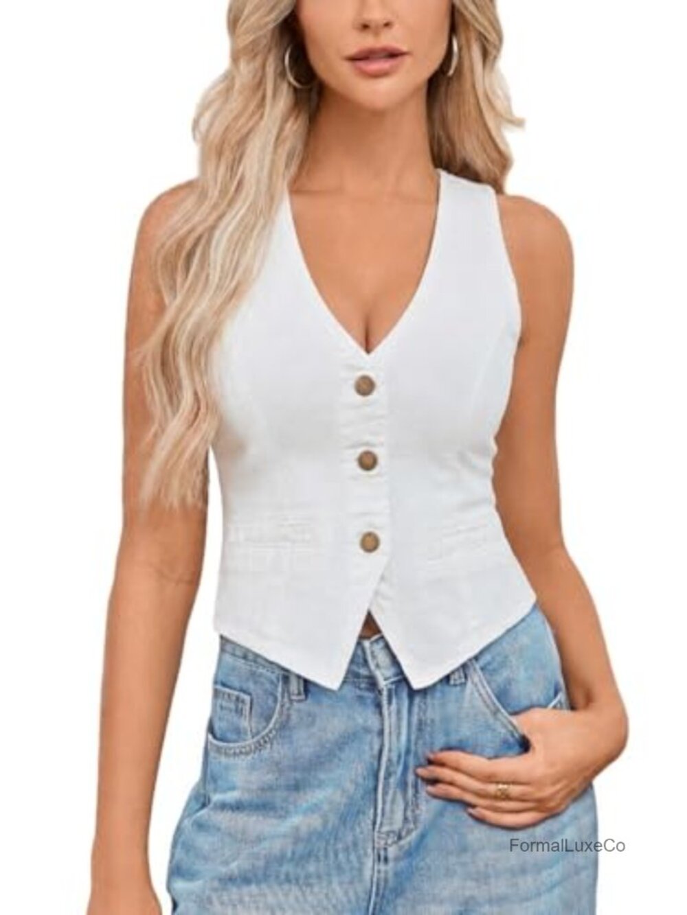 Women's Denim Vest Sleeveless V-Neck Cropped Cotton Jean Vest